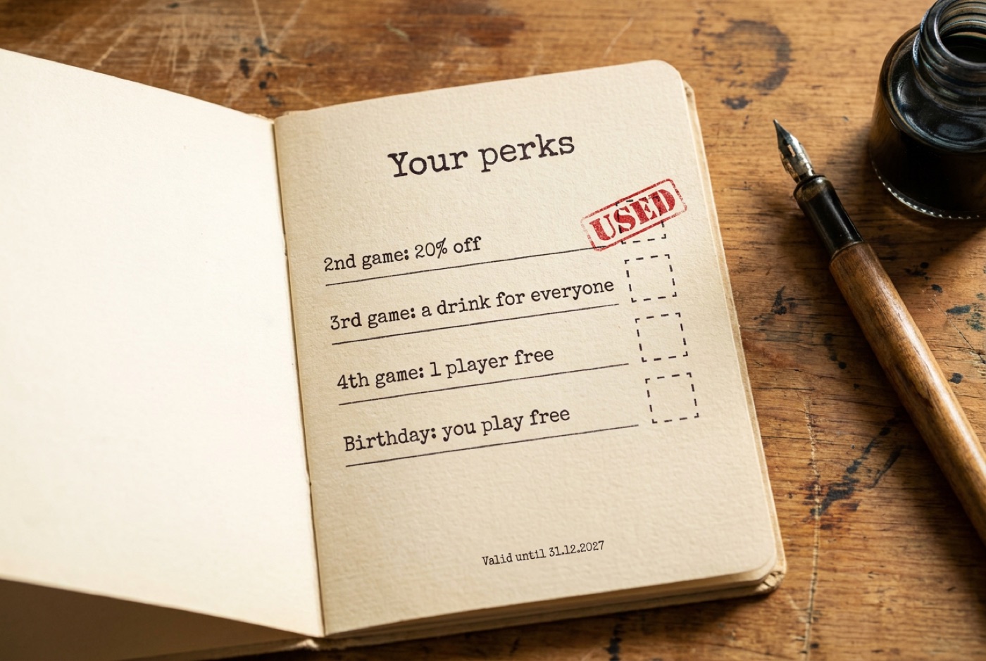 Perks page with a USED stamp