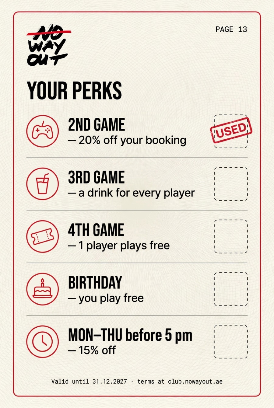 Your perks page with a USED stamp