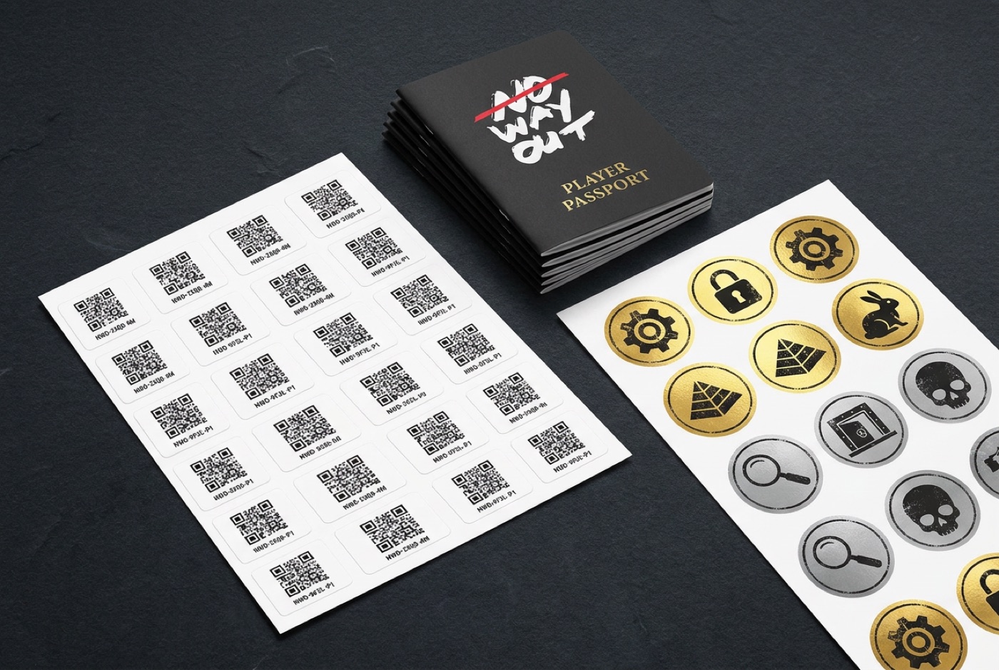 QR sticker sheets, room stickers and a stack of black passports
