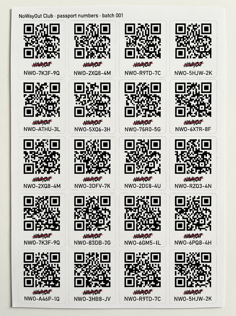 Sheet of numbered QR stickers