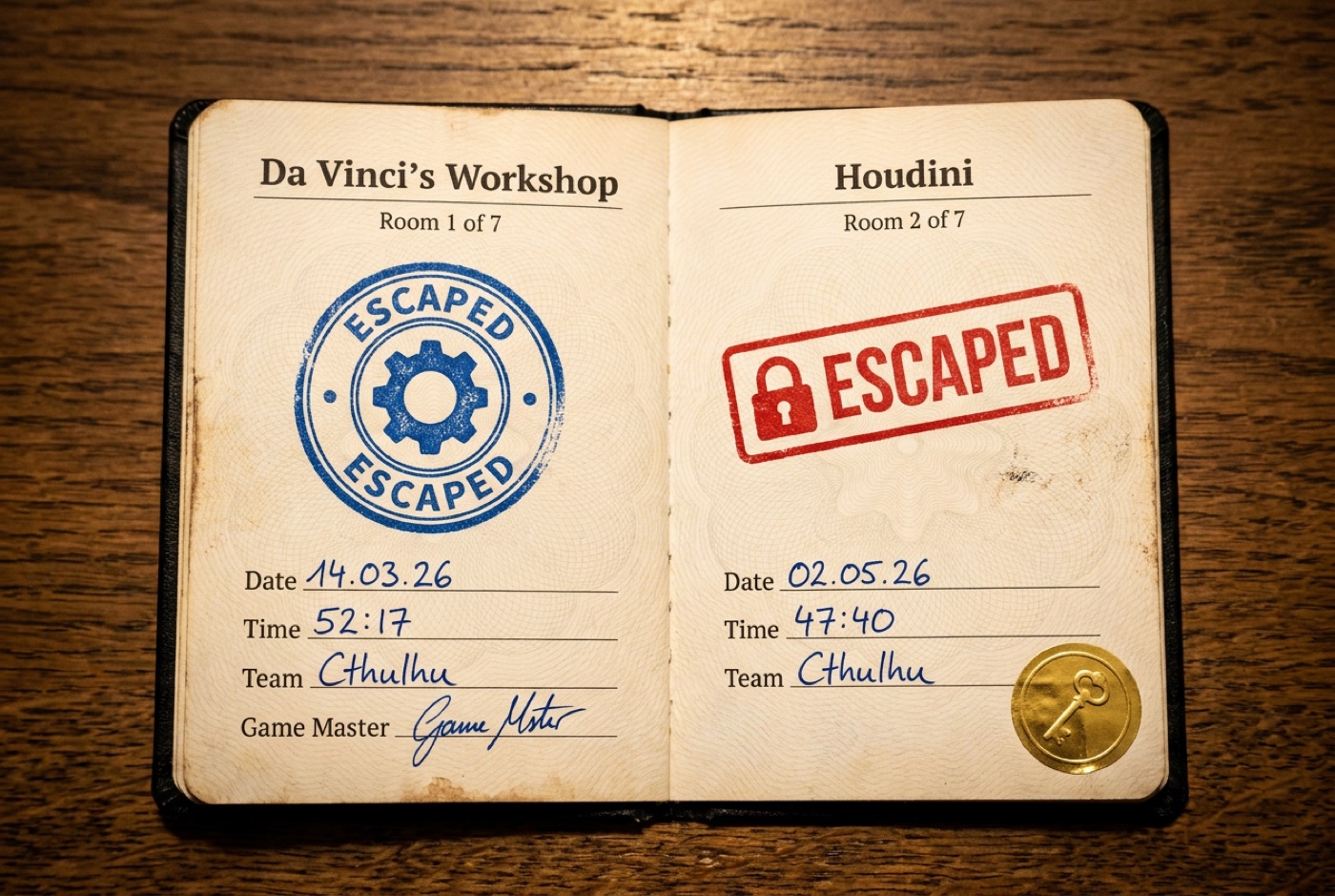 Passport spread: Da Vinci and Houdini, one room per page