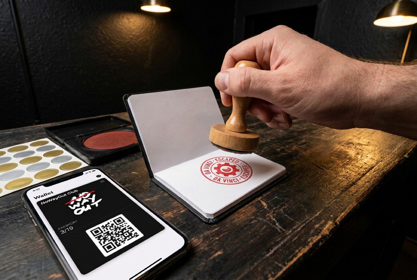 Game master stamping a passport at the counter